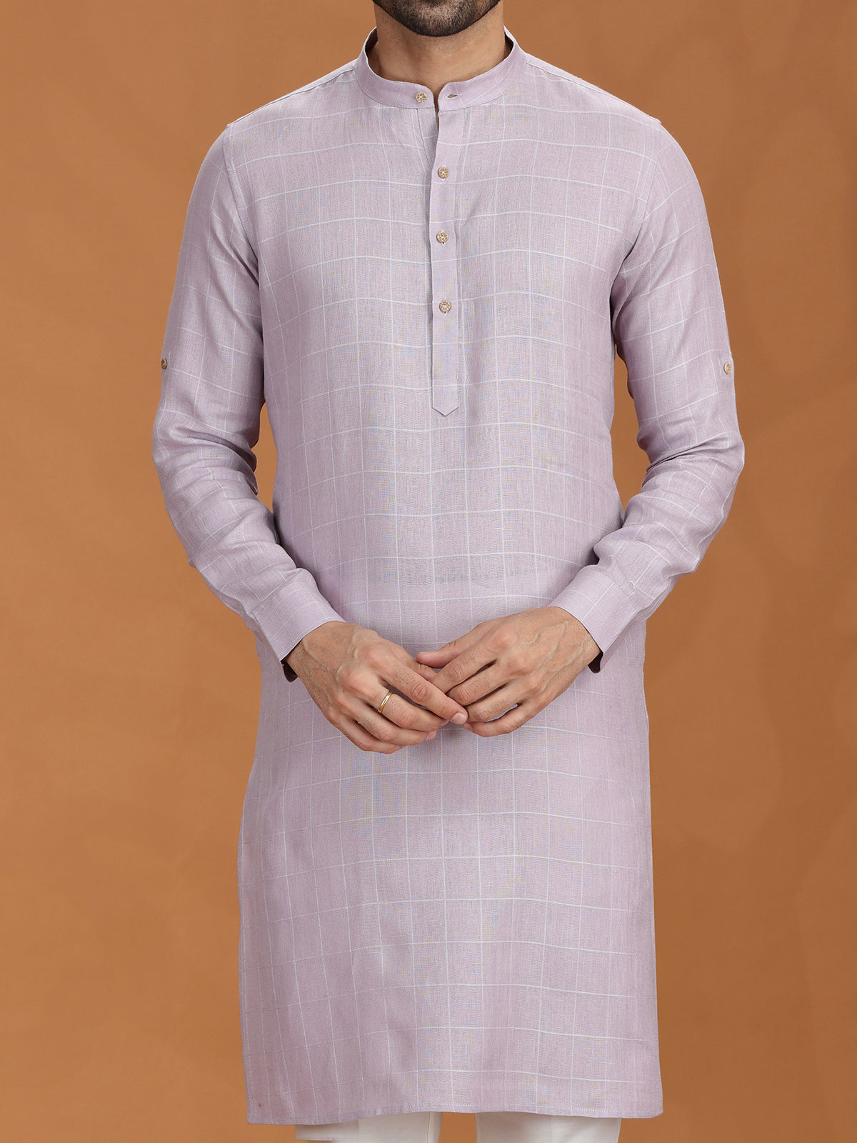 Lilac purple checked linen kurta for festival wear