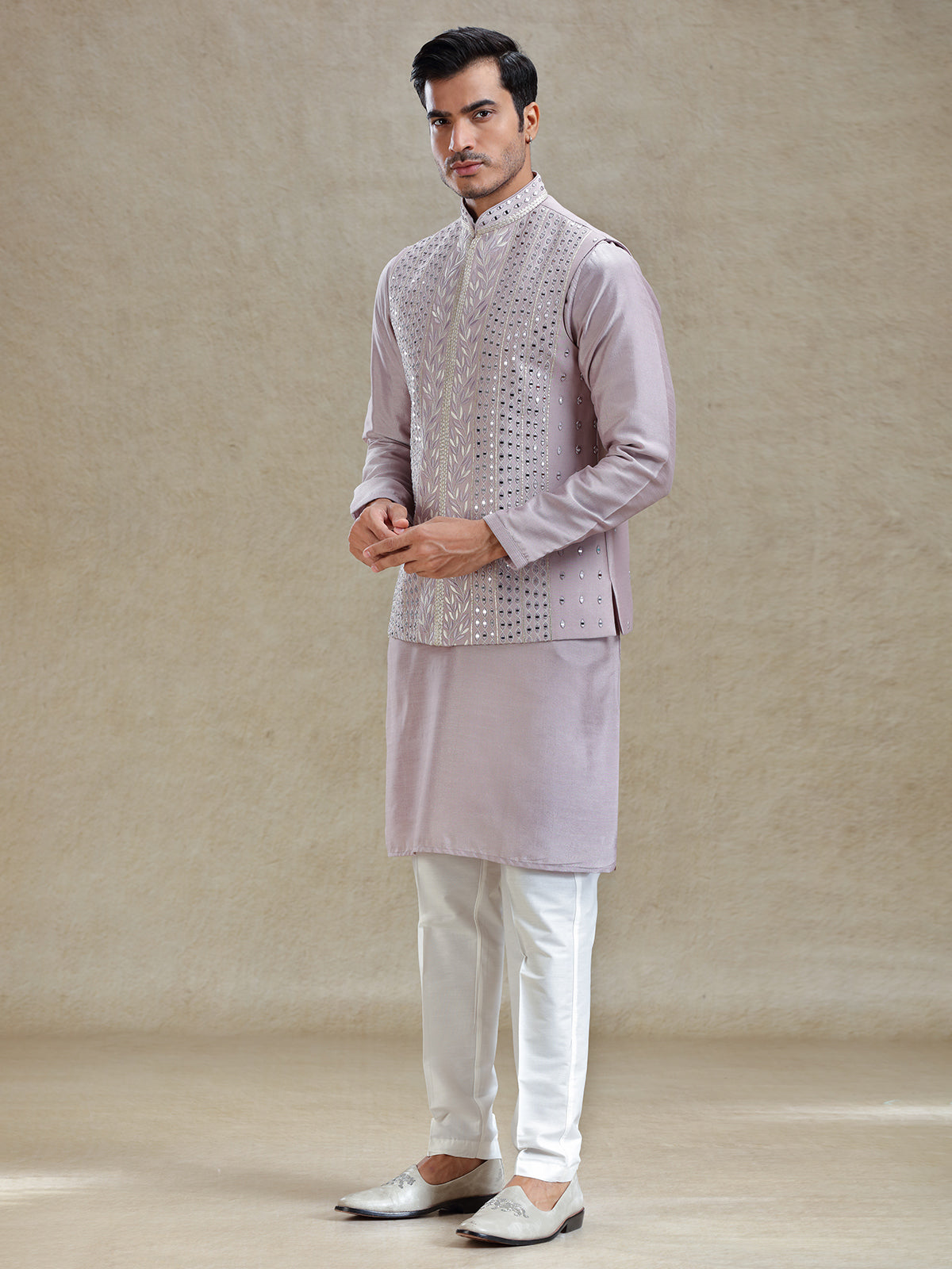 Lilac purple linen waistcoat set in mirror work