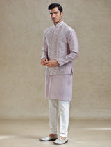 Lilac purple linen waistcoat set in mirror work