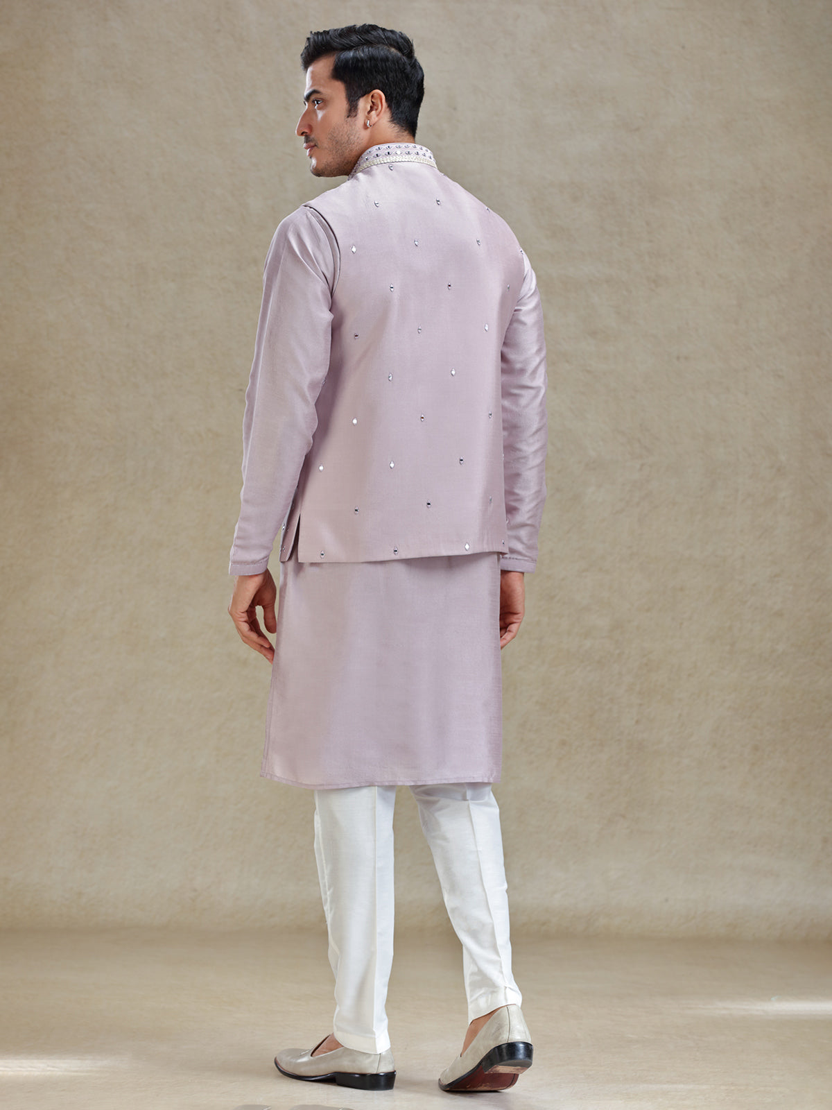 Lilac purple linen waistcoat set in mirror work