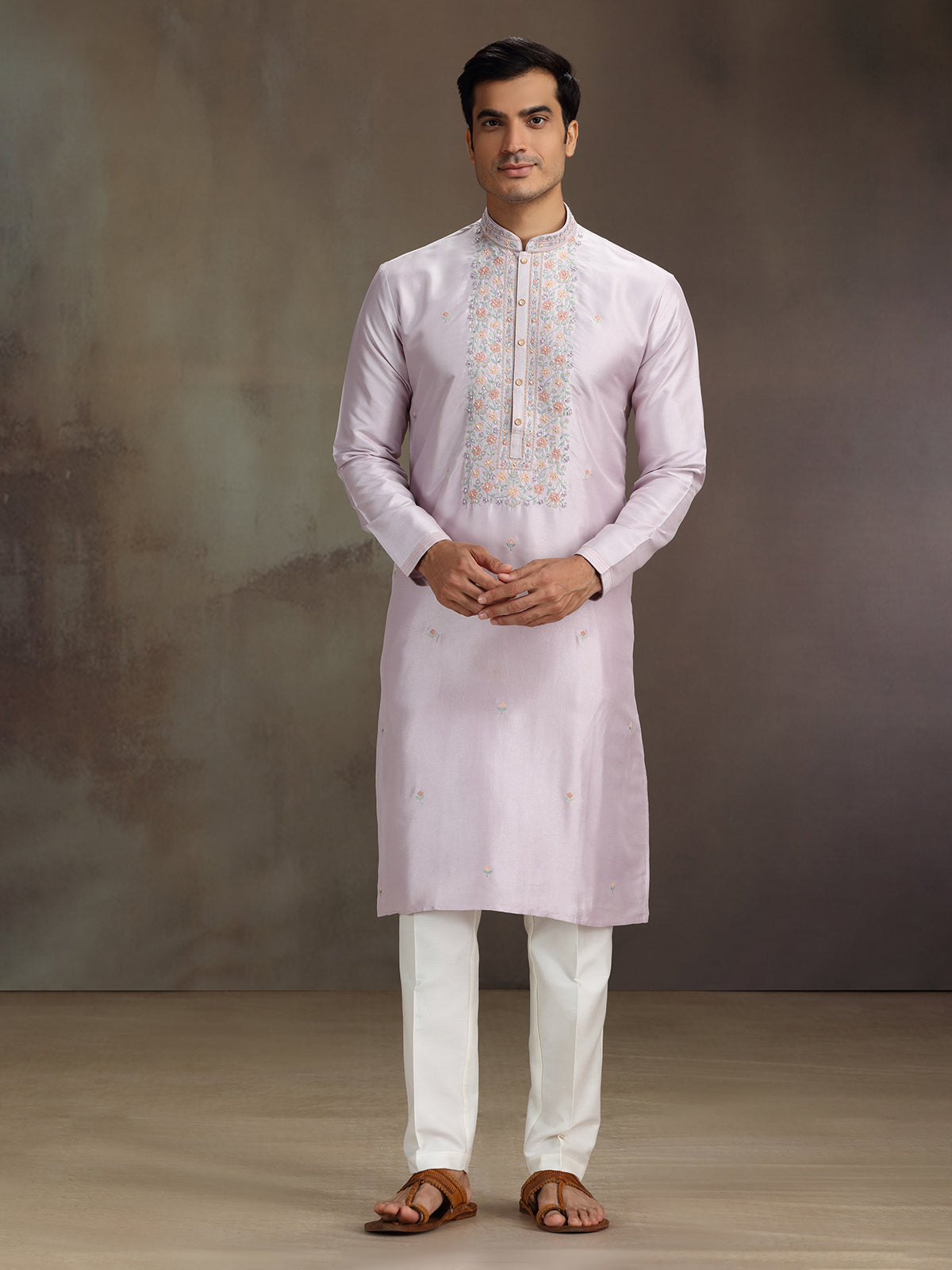 Lilac purple silk embroidered work kurta suit