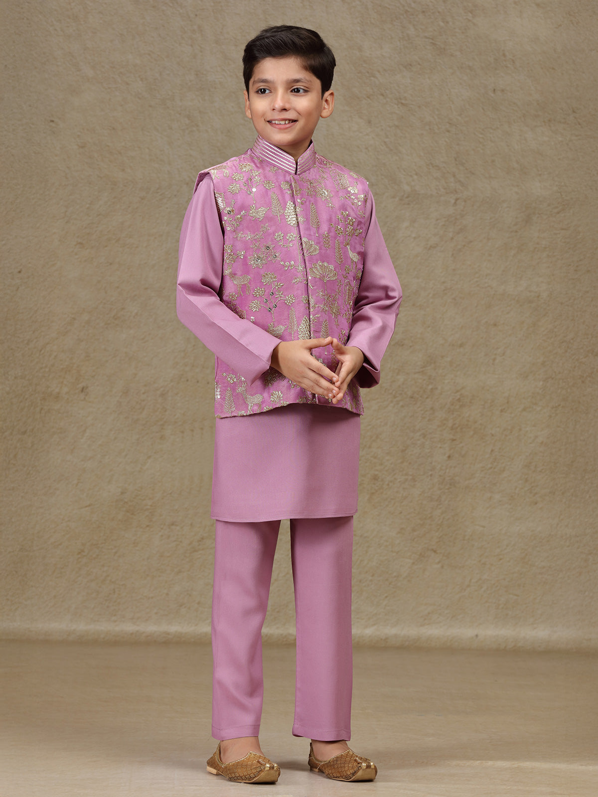 Lilac purple silk waistcoat set for boys
