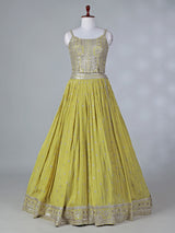 Lime green silk lehenga choli with mirror work