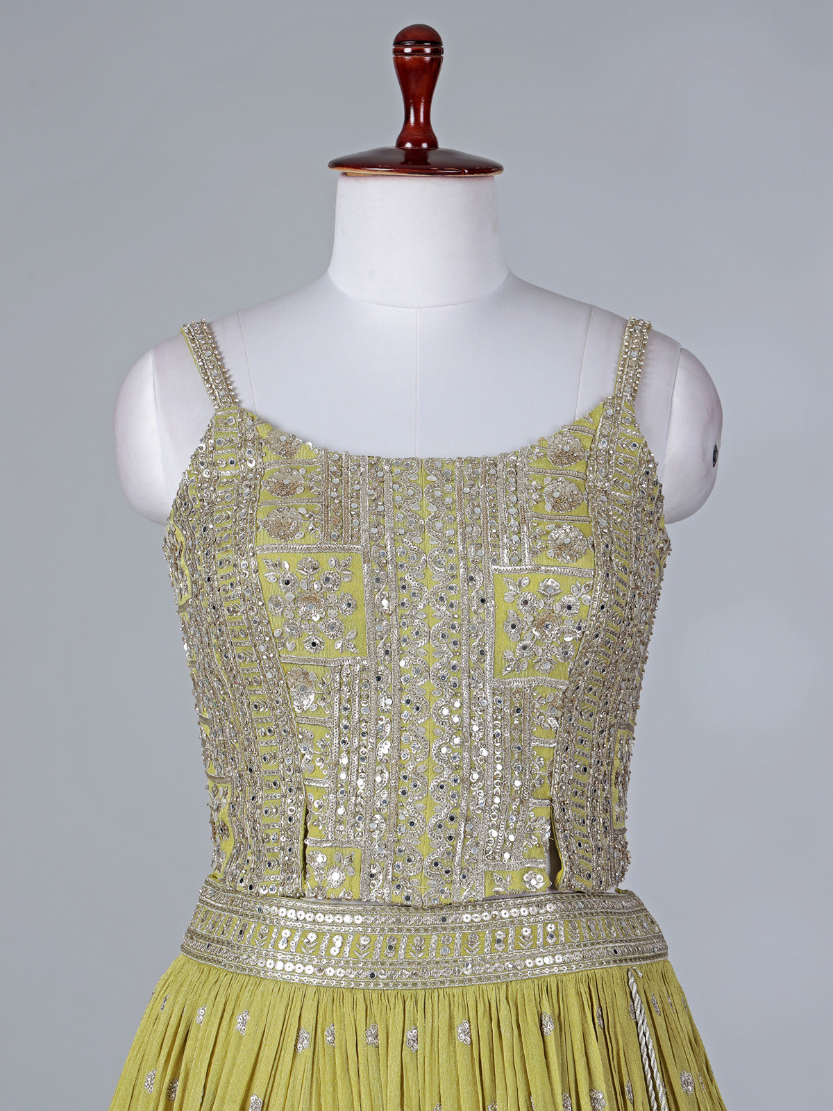 Lime green silk lehenga choli with mirror work