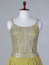 Lime green silk lehenga choli with mirror work