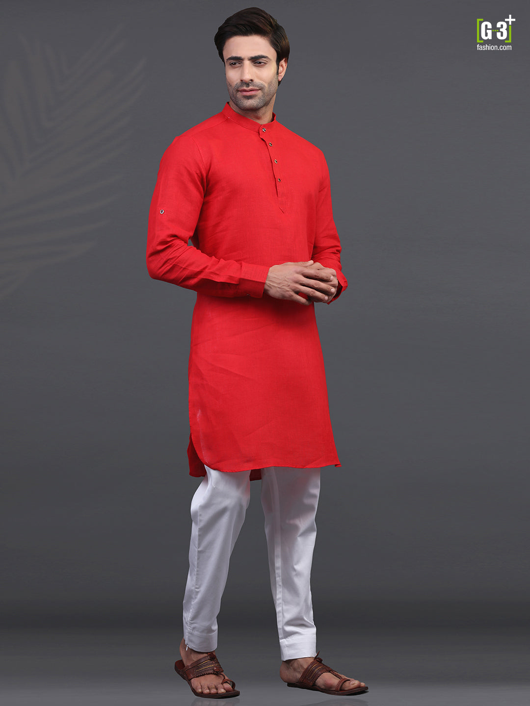 Linen red full sleeve kurta suit