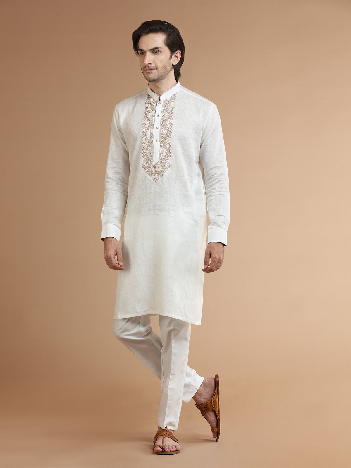 Linen cream festive kurta suit