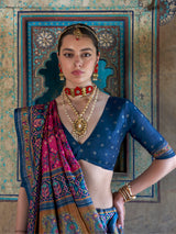 Magenta blue festive print saree