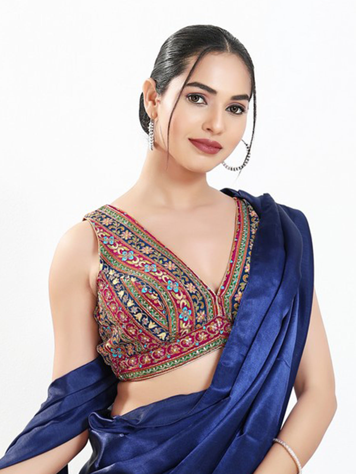 Magenta georgette sequins V neck blouse