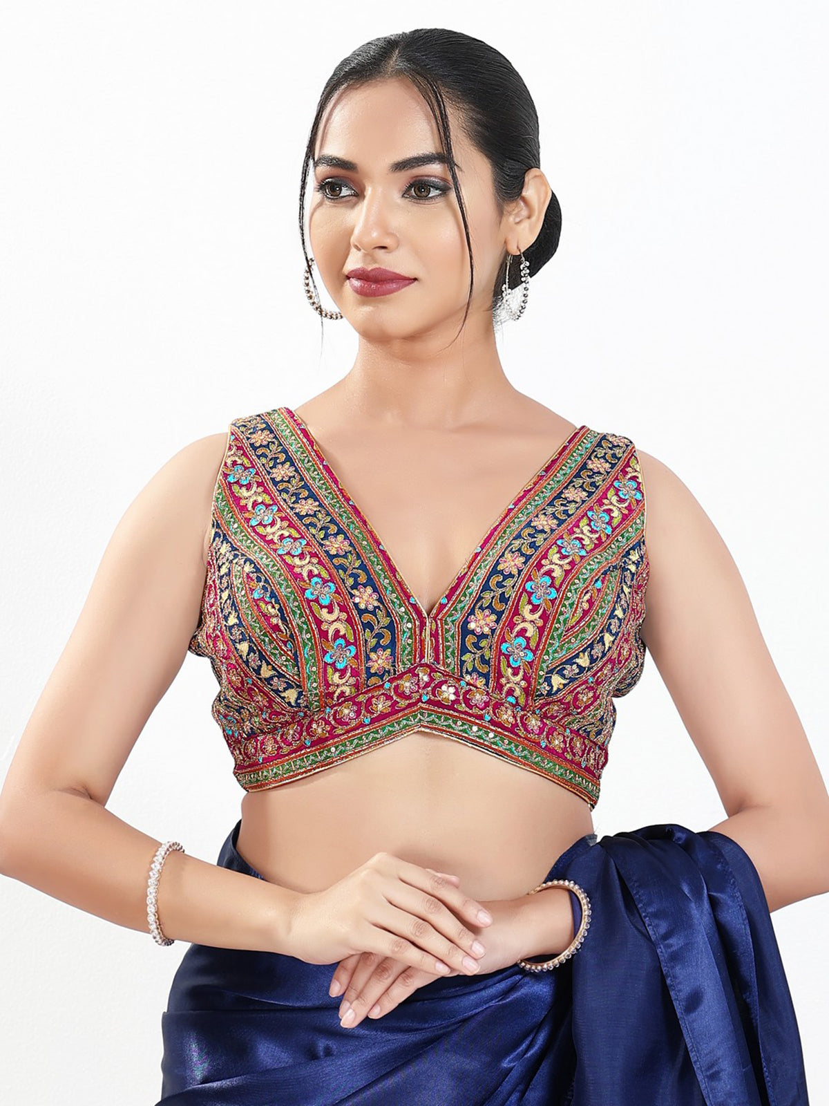 Magenta georgette sequins V neck blouse