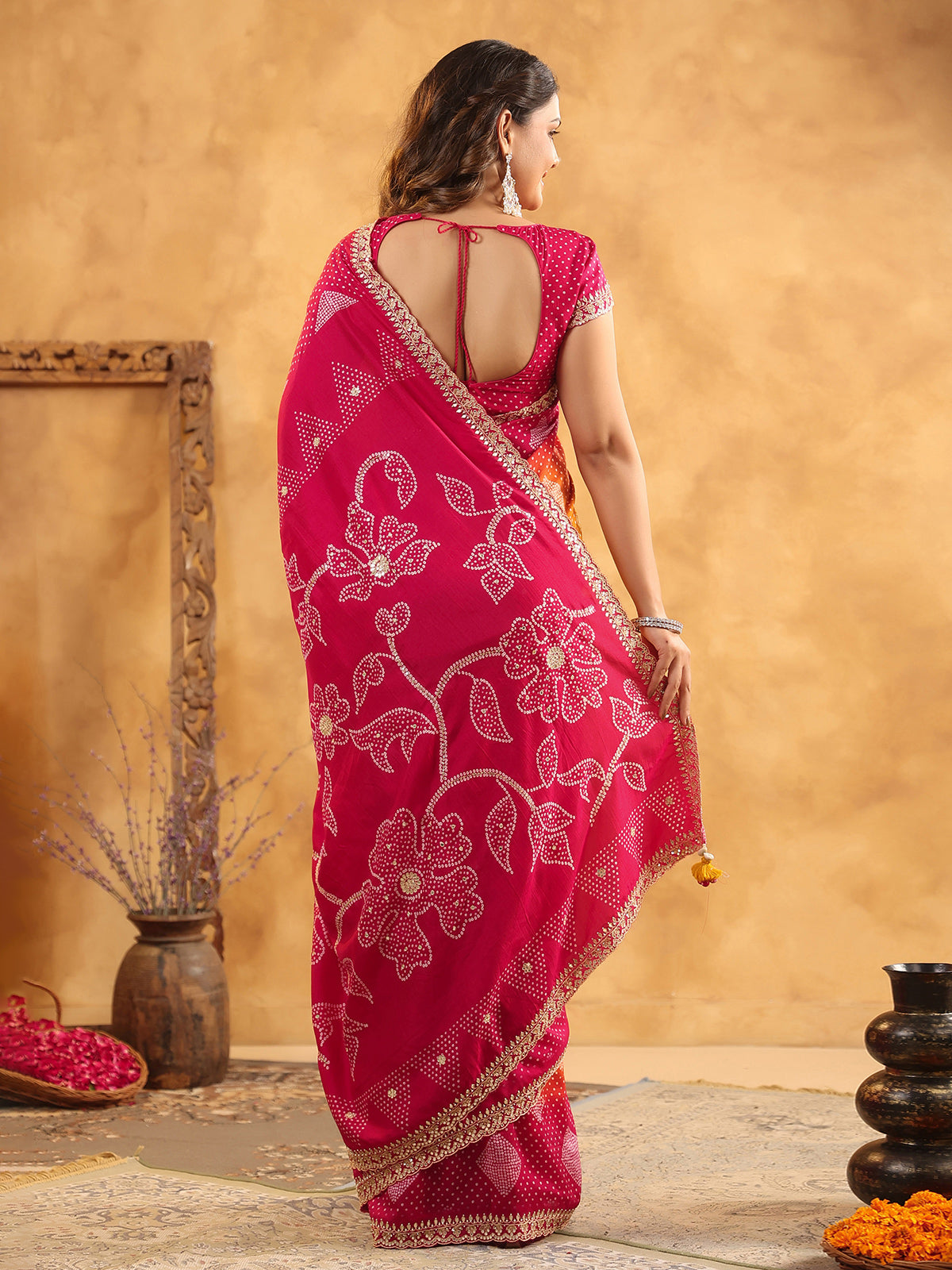 Magenta printed silk saree for wedding wear