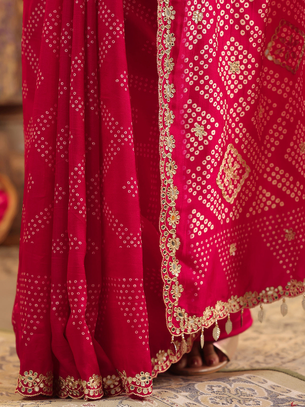 Magenta printed silk saree with resham detailing