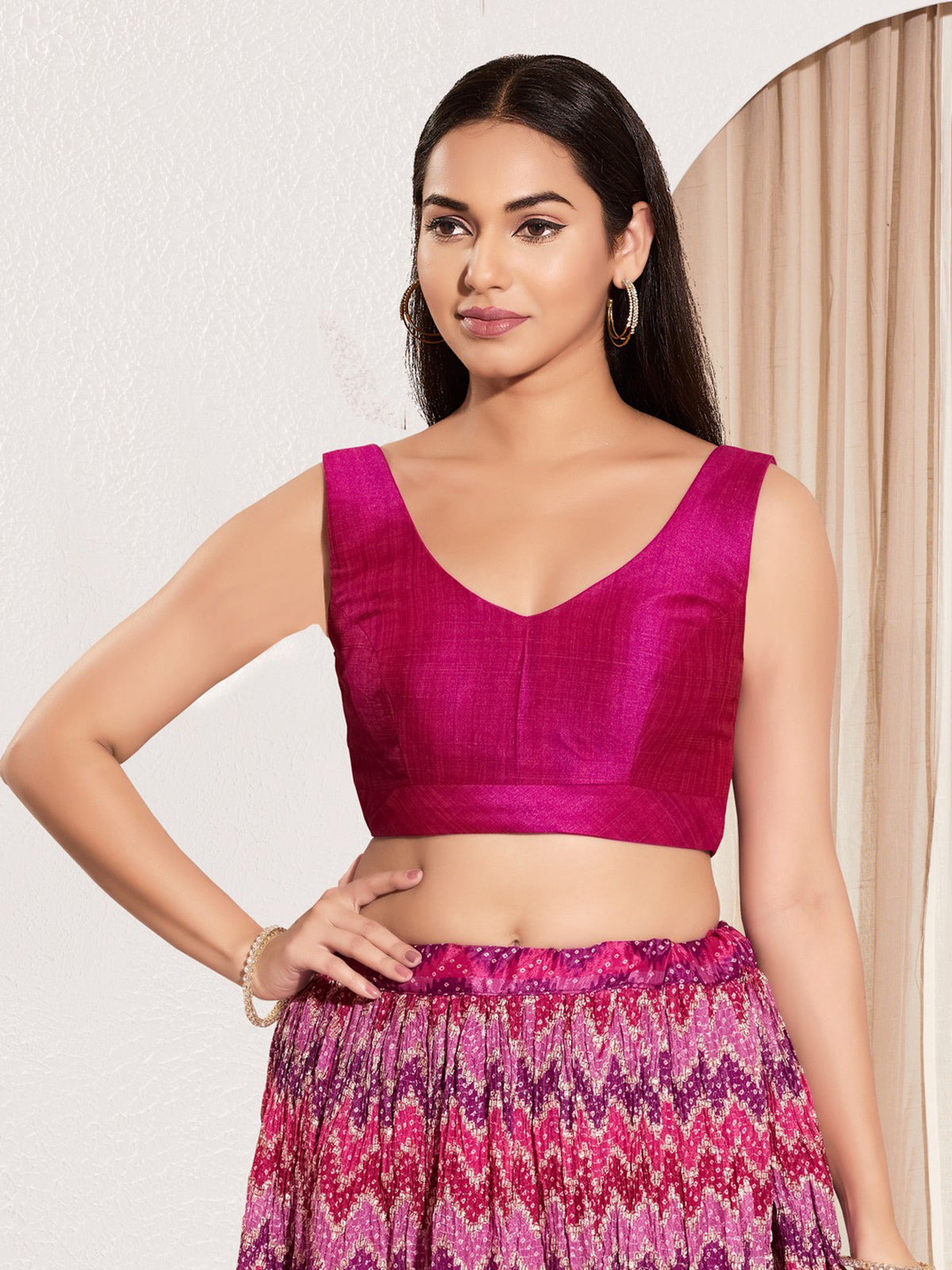 Magenta round neck mulburry silk wedding blouse