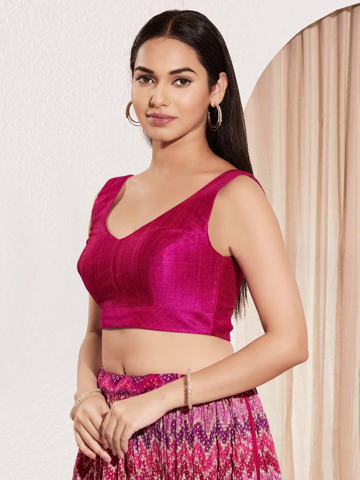 Magenta round neck mulburry silk wedding blouse