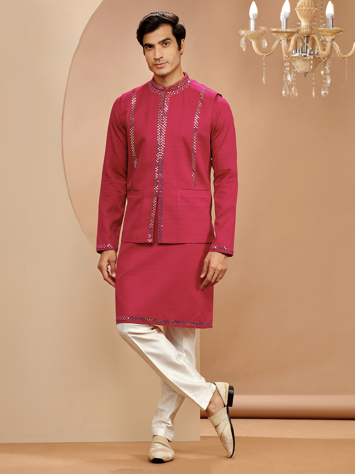 Magenta silk mirror work waistcoat set