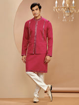 Magenta silk mirror work waistcoat set