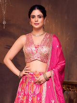 Magenta silk V neck printed lehenga choli