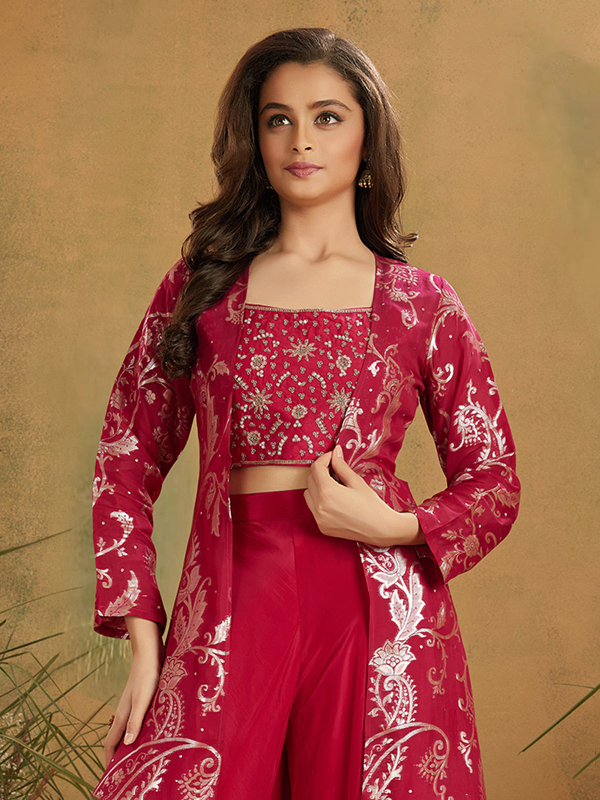 Magenta silk zardosi shrug palazzo suit