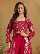 Magenta silk zardosi shrug palazzo suit