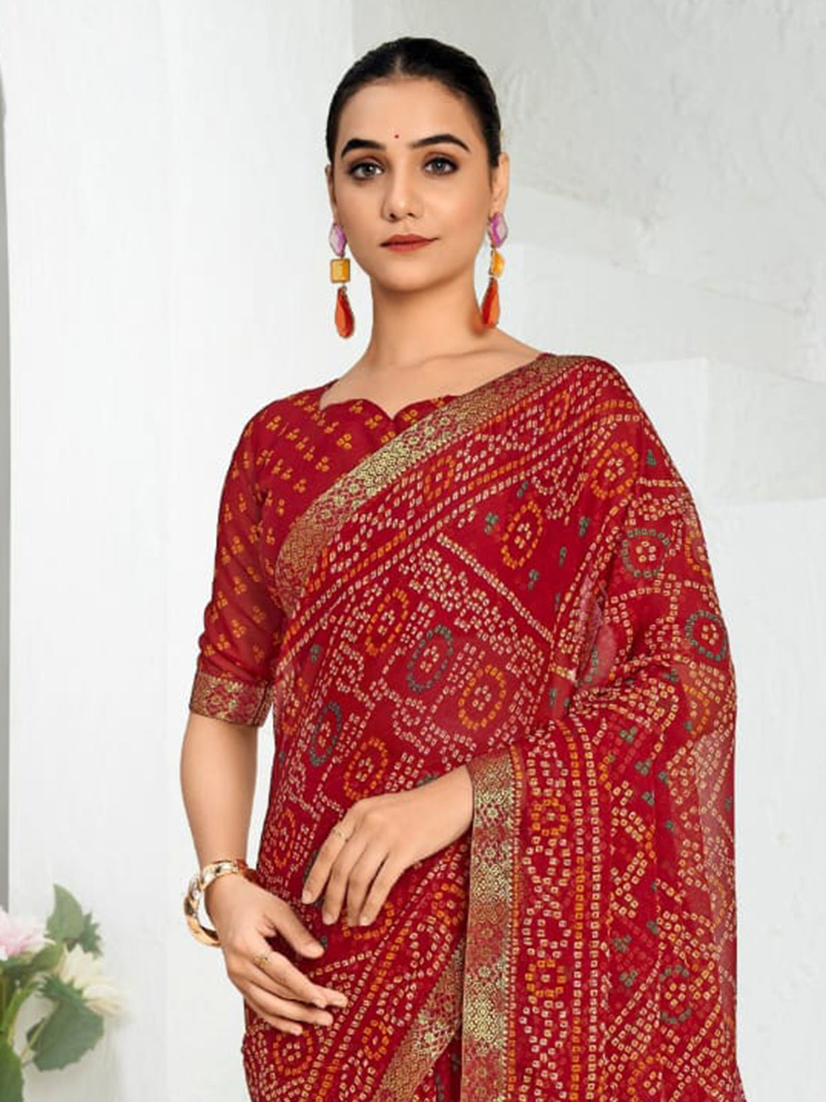 Maroon chiffon printed saree for festivals