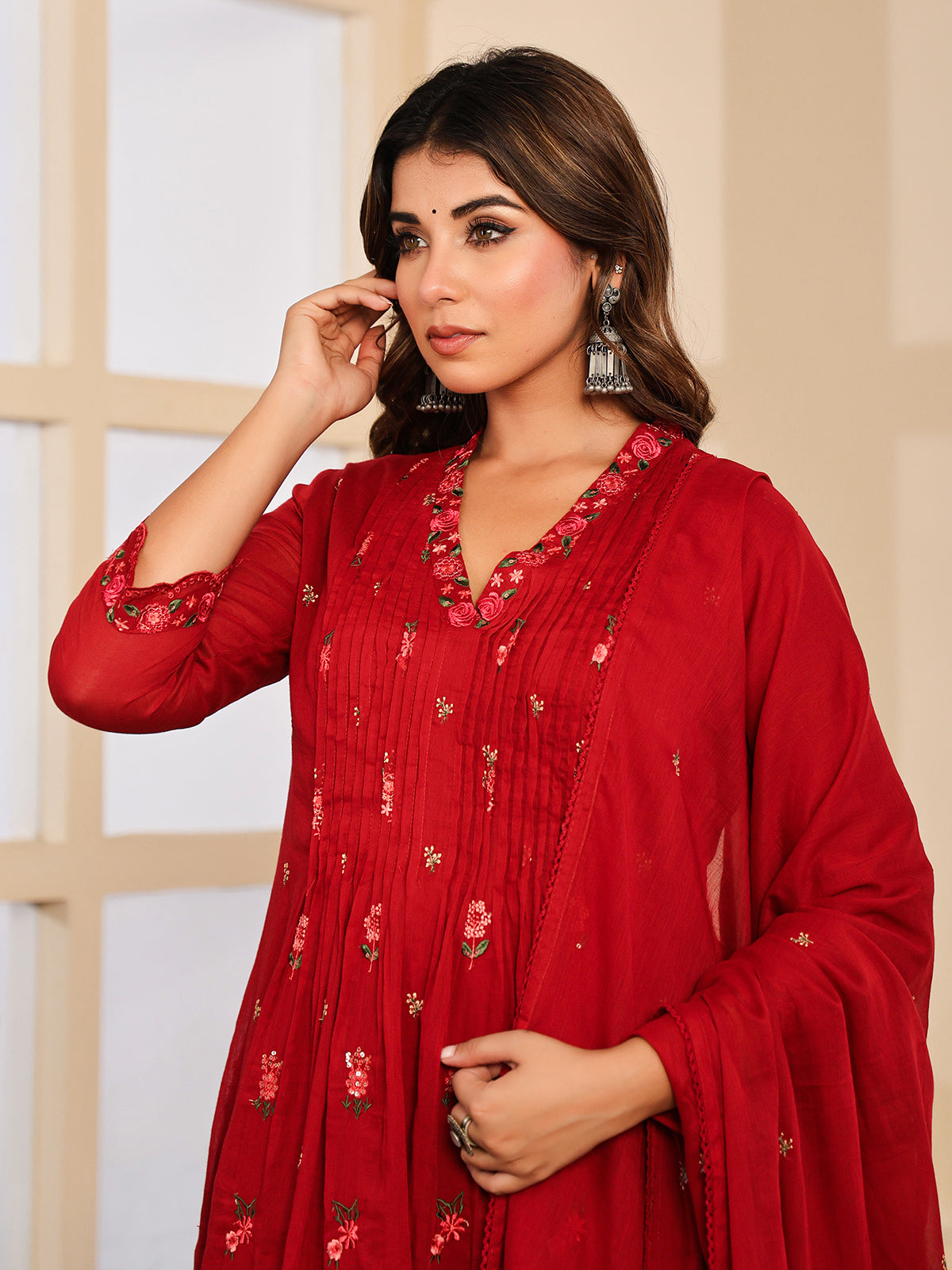 Maroon cotton silk kurti set with embroidery