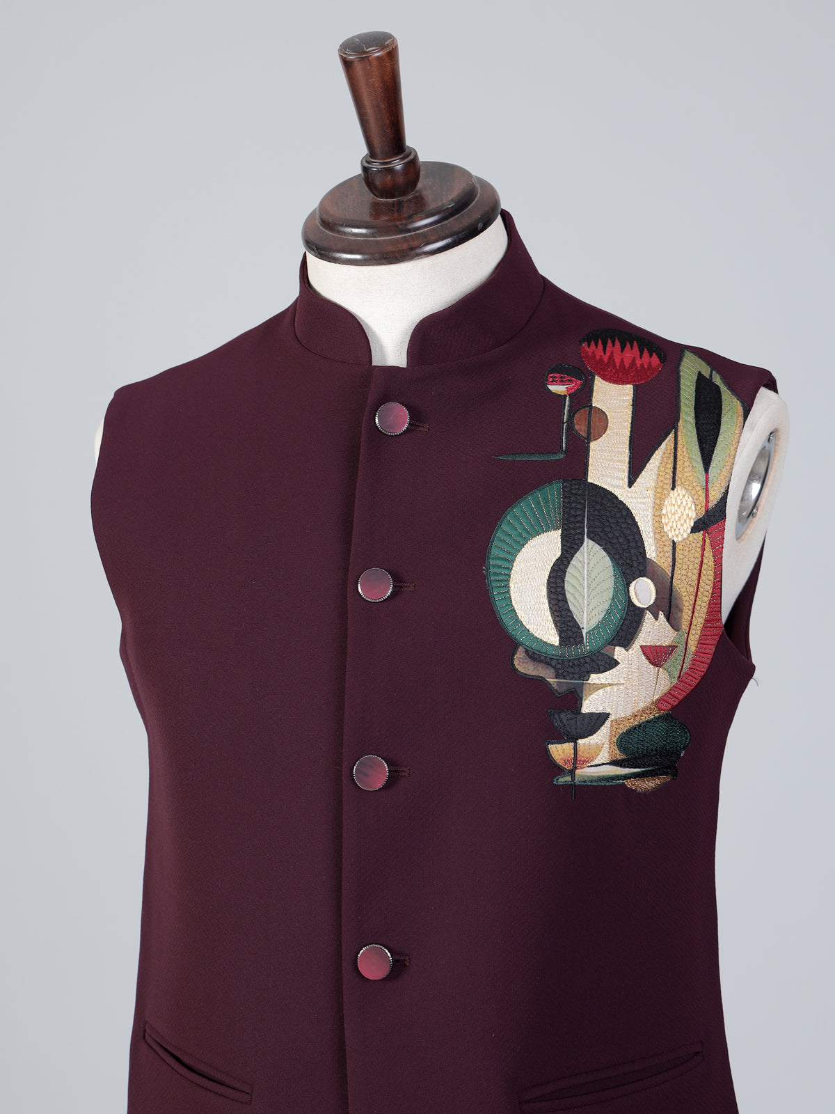 Wine embroidered terry rayon wedding waistcoat