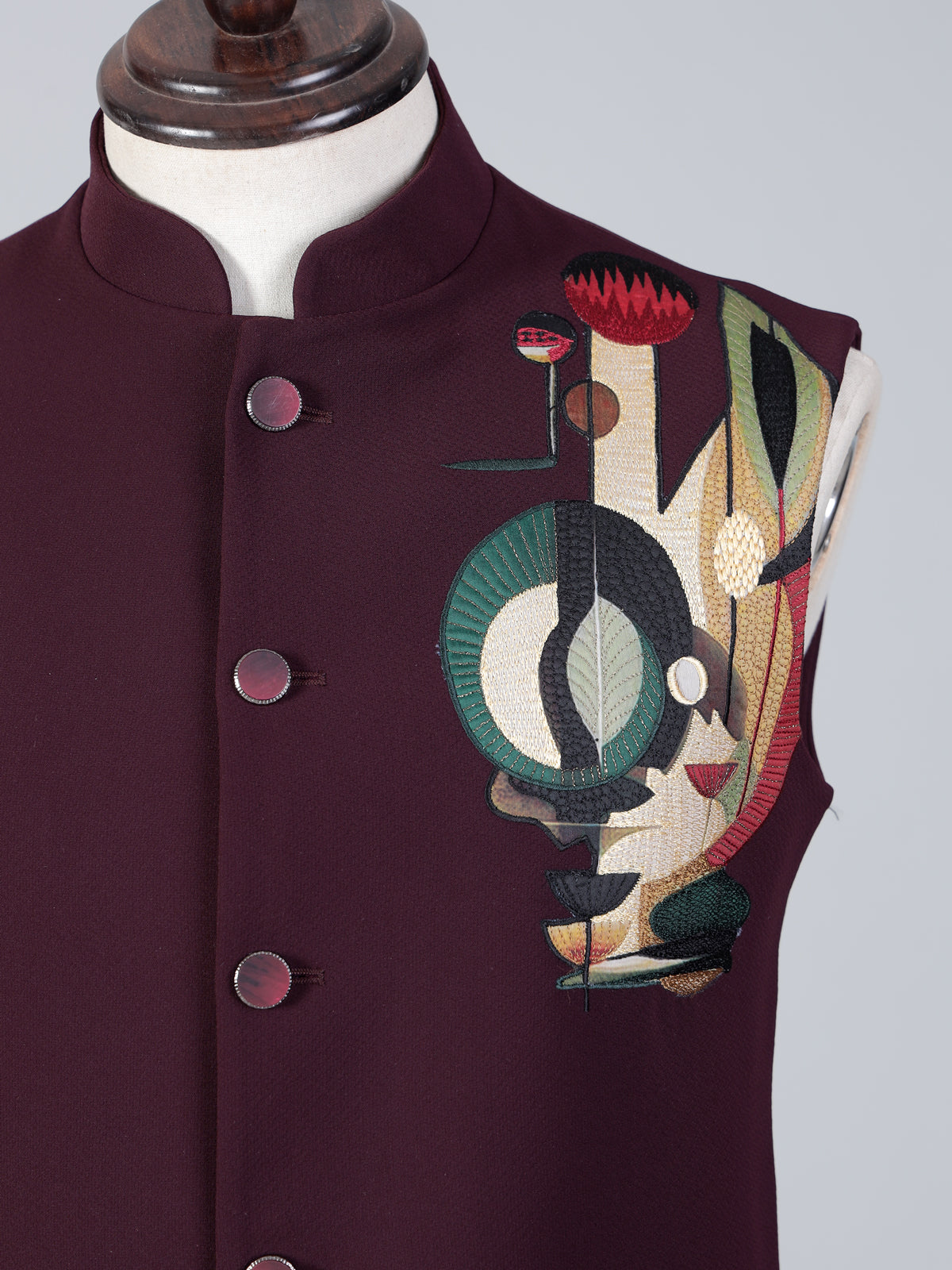 Wine embroidered terry rayon wedding waistcoat
