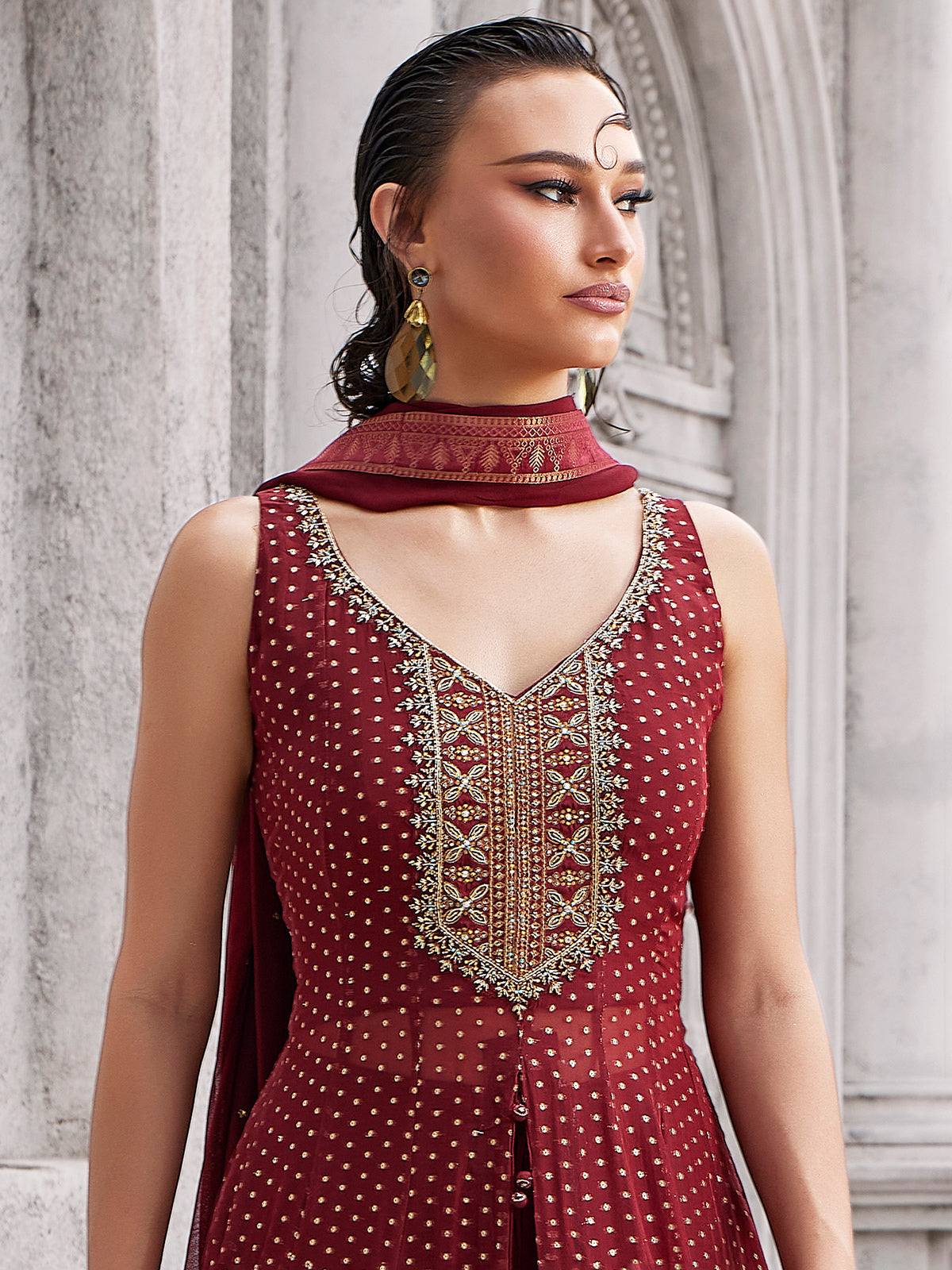 Maroon georgette palazzo suit with diamond and zari grandeur