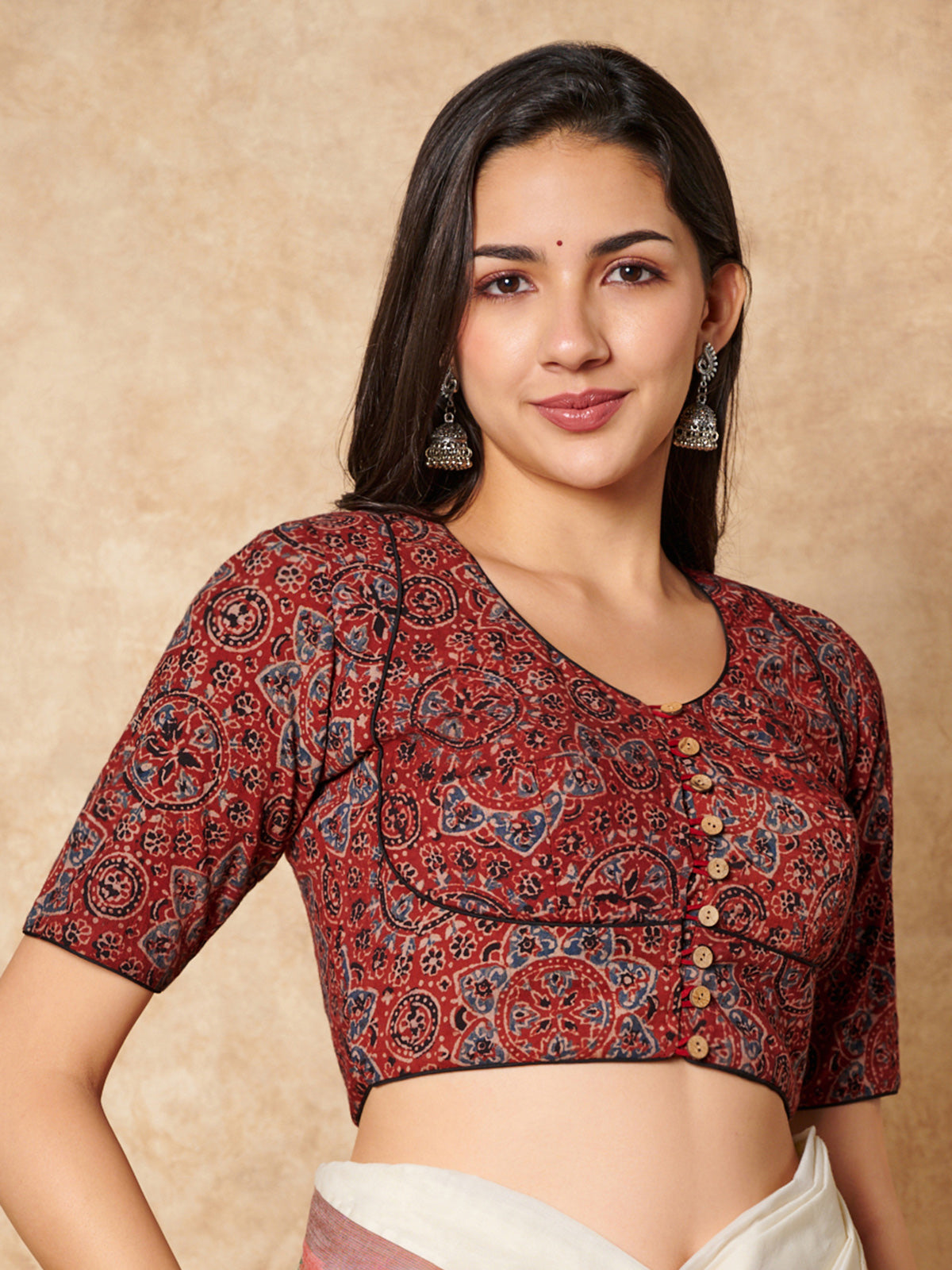 Maroon hand block printed ajrakh cotton ready made blouse
