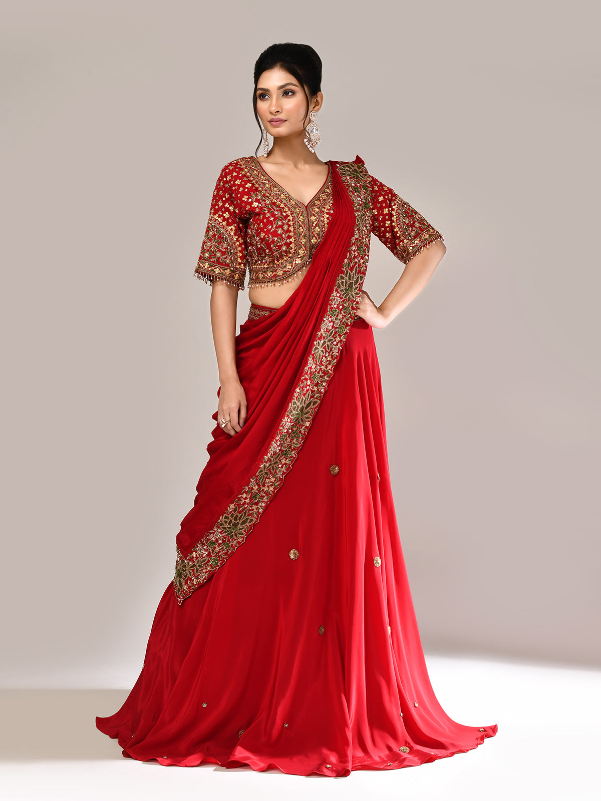 Maroon silk lehenga choli with attached dupatta