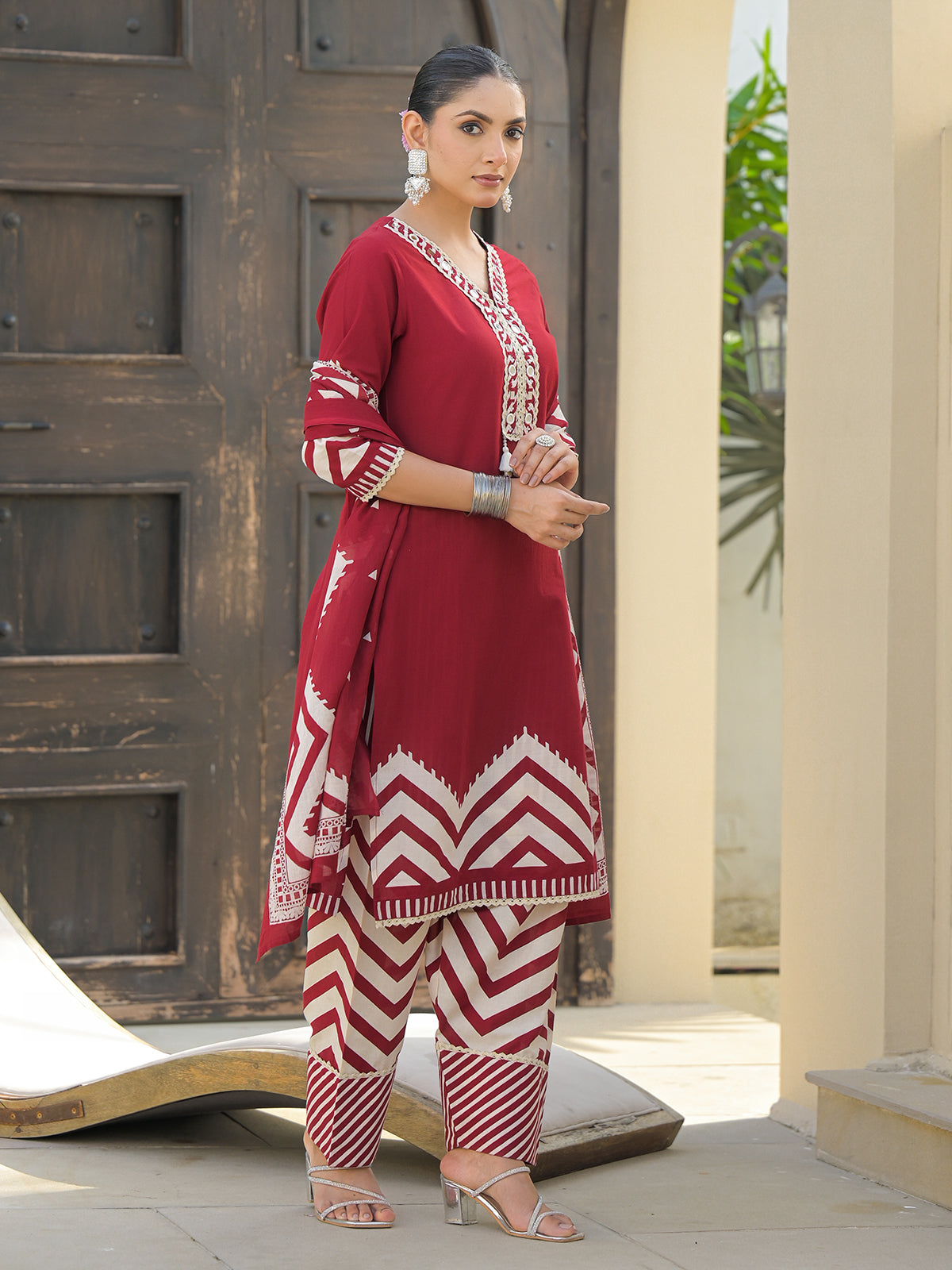 Maroon silk mirror work kurti set