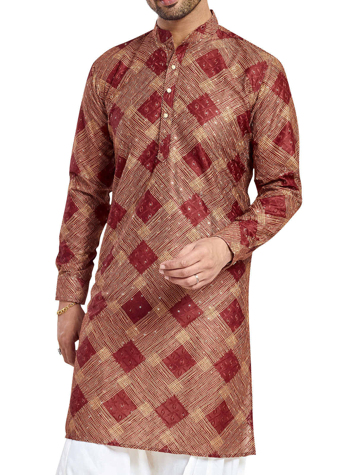 Maroon silk printed festive kurta for men