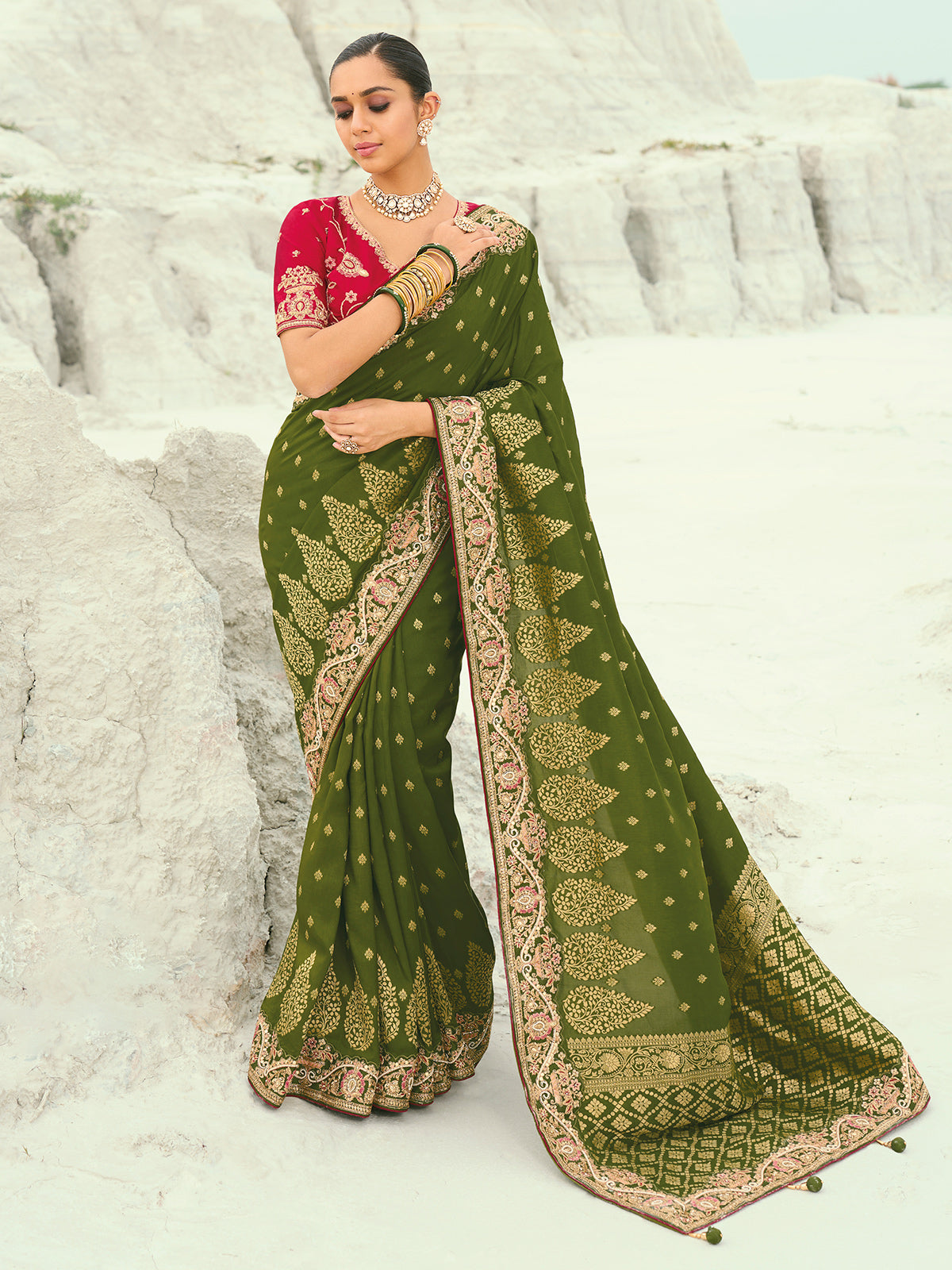 Mehendi green dola viscose saree with zari