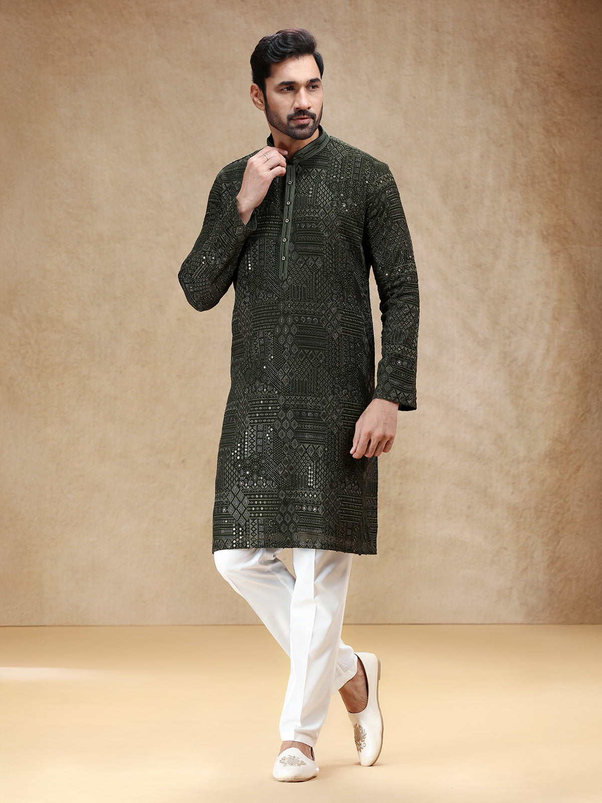 Mehendi green georgette kurta pajama with resham work
