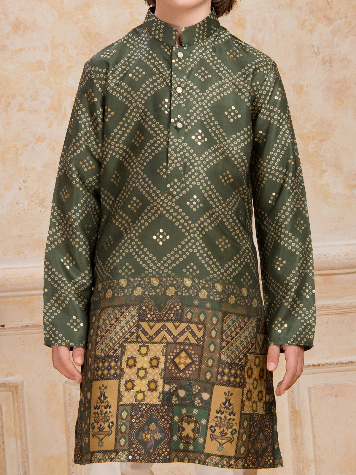 Mehendi green printed cotton silk kurta suit
