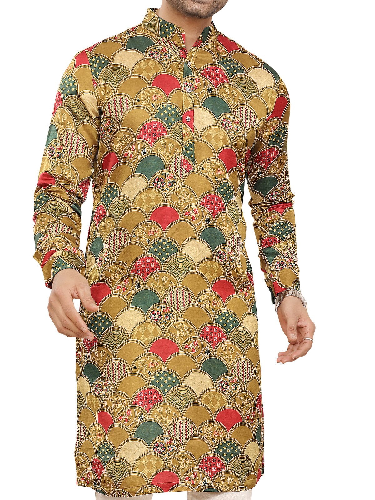 Mehendi green printed mens kurta