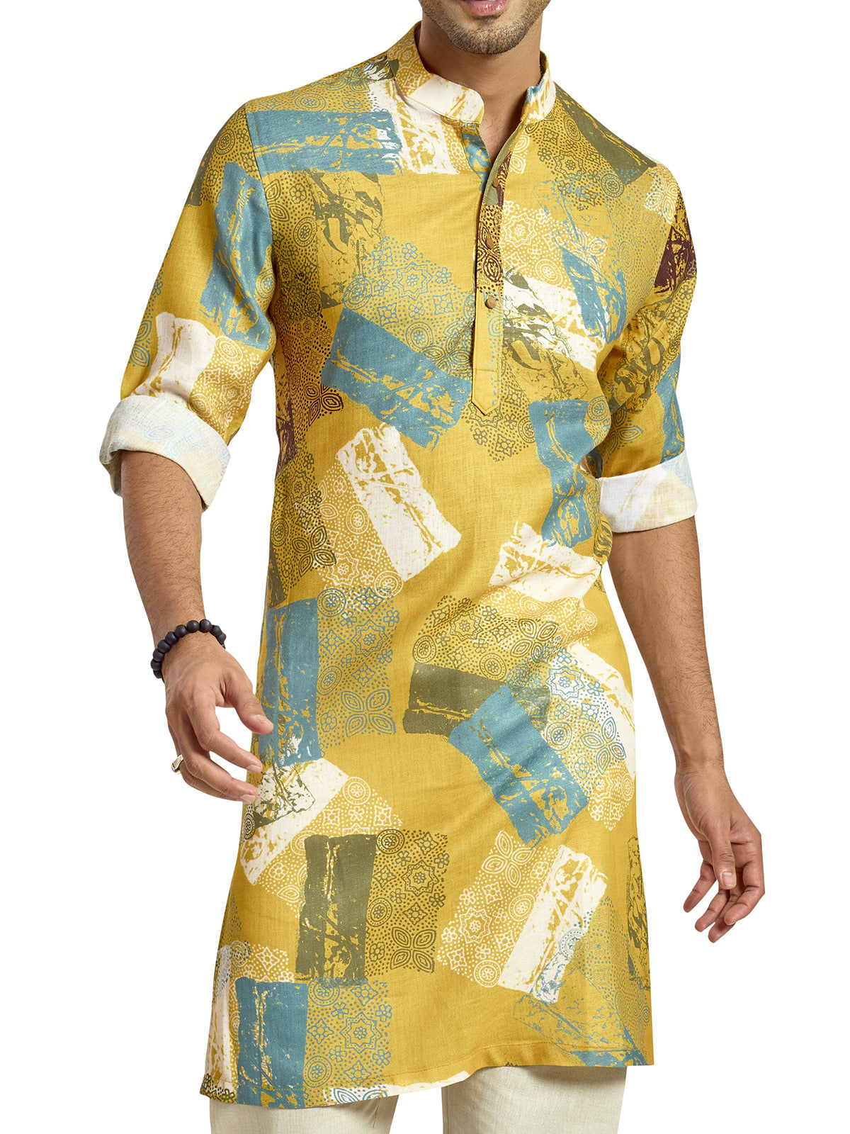 Mehendi green silk printed festive kurta for men
