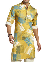Mehendi green silk printed festive kurta for men