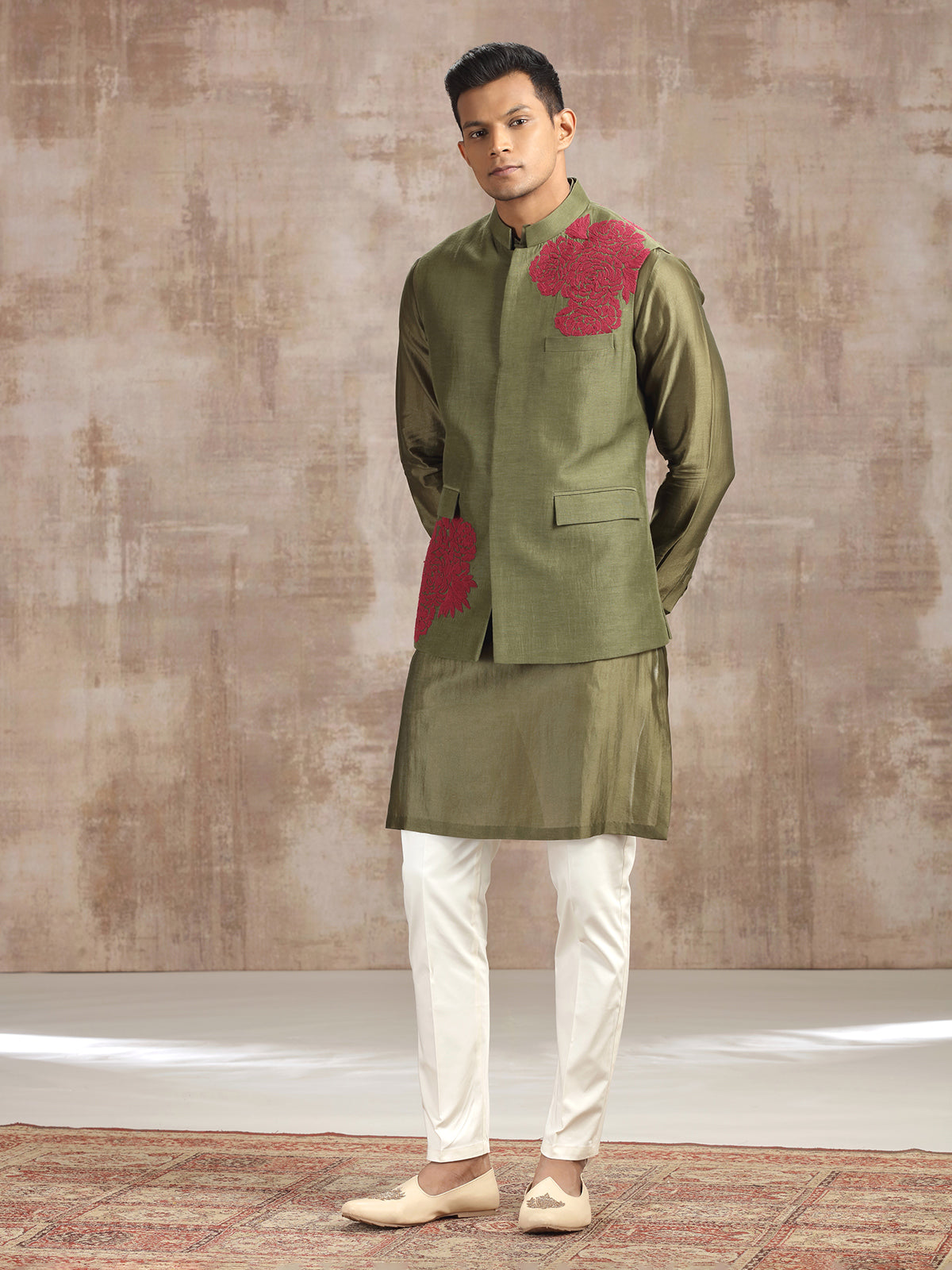 Mehendi green silk waistcoat set with thread work