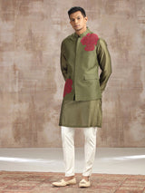 Mehendi green silk waistcoat set with thread work