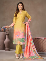 Mehendi yellow cotton silk salwar suit with v neckline