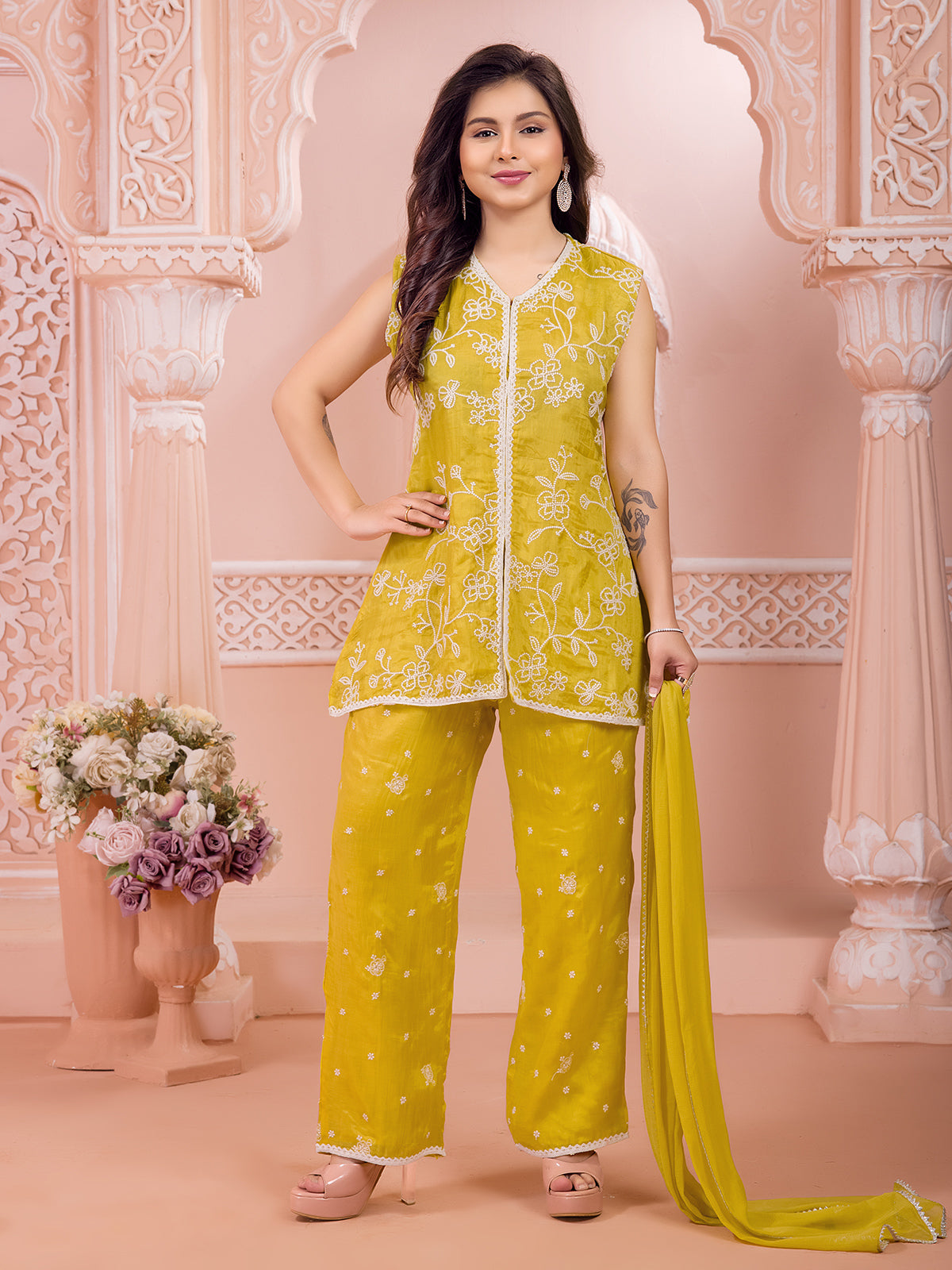 Mehendi yellow silk festive wear palazzo suit