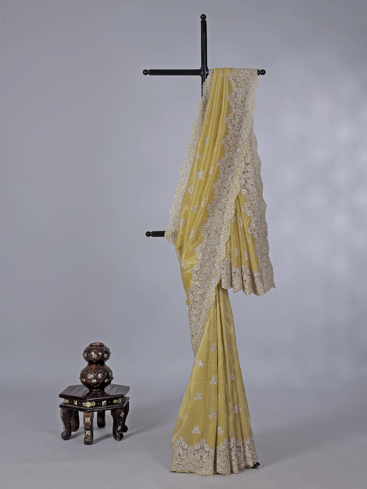 Mehendi yellow tissue silk saree with diamond cutwork