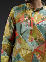 Mehndi yellow silk kurta suit with geometrical printed design