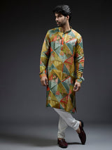 Mehndi yellow silk kurta suit with geometrical printed design