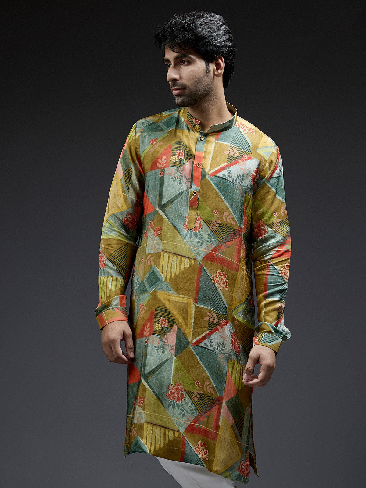 Mehndi yellow silk kurta suit with geometrical printed design