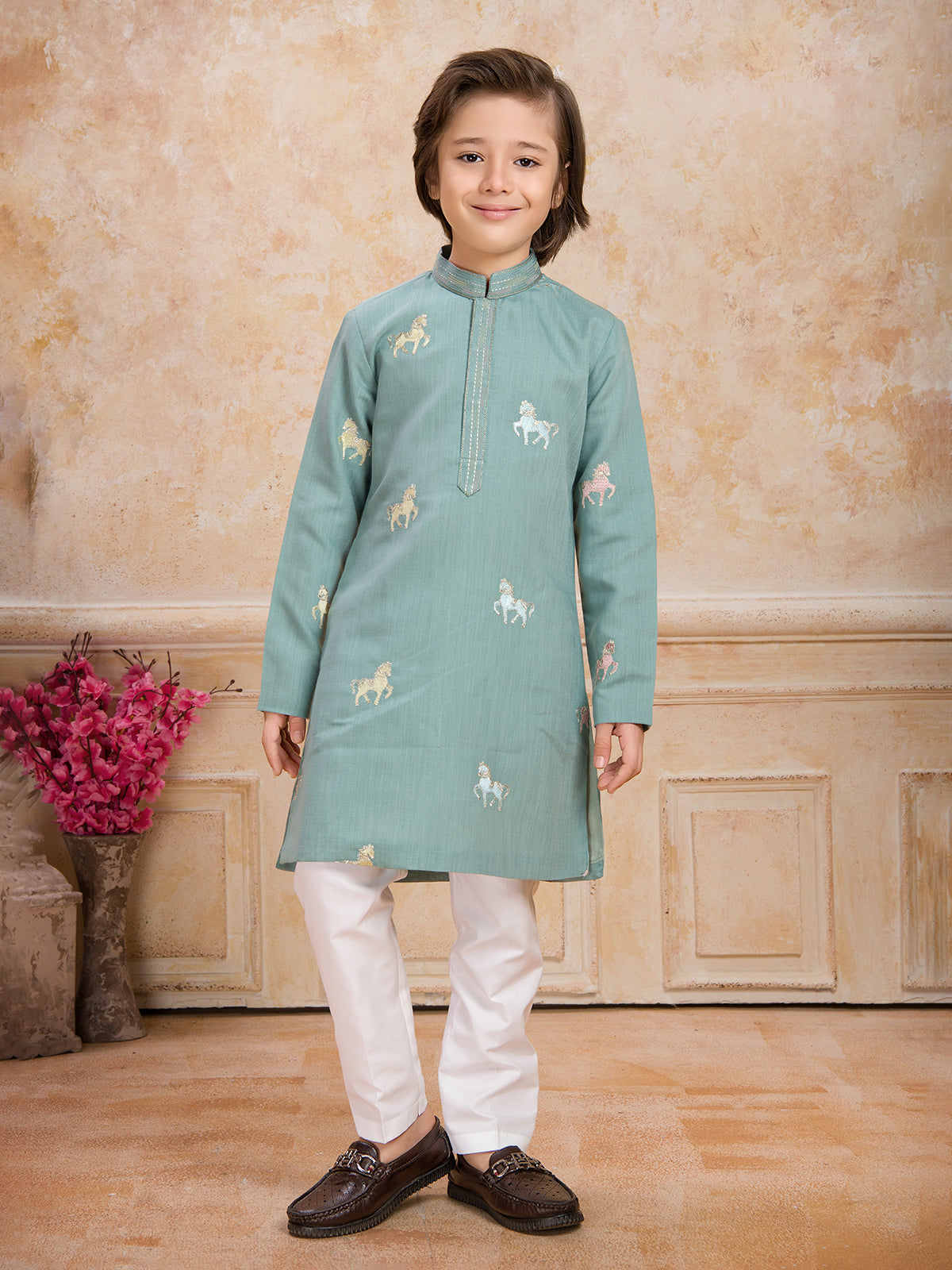 Mint blue cotton festive wear kurta suit for boys