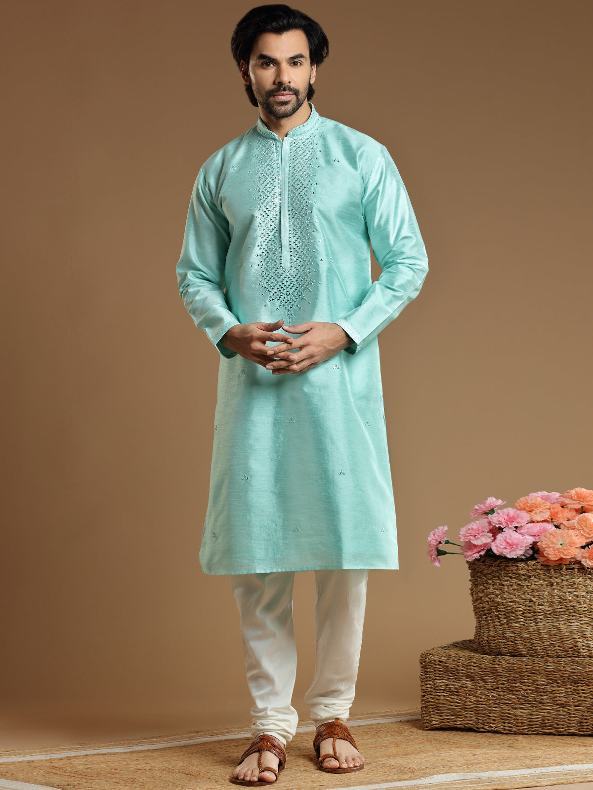 Mint blue cotton silk kurta suit for men – G3+Fashion