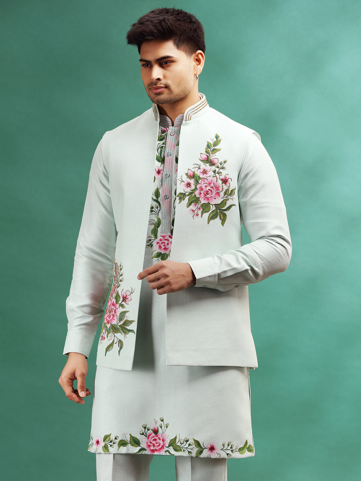 Mint blue printed wedding wear waistcoat set