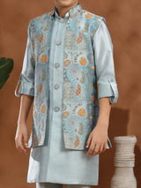 Mint blue raw silk resham work printed waistcoat set